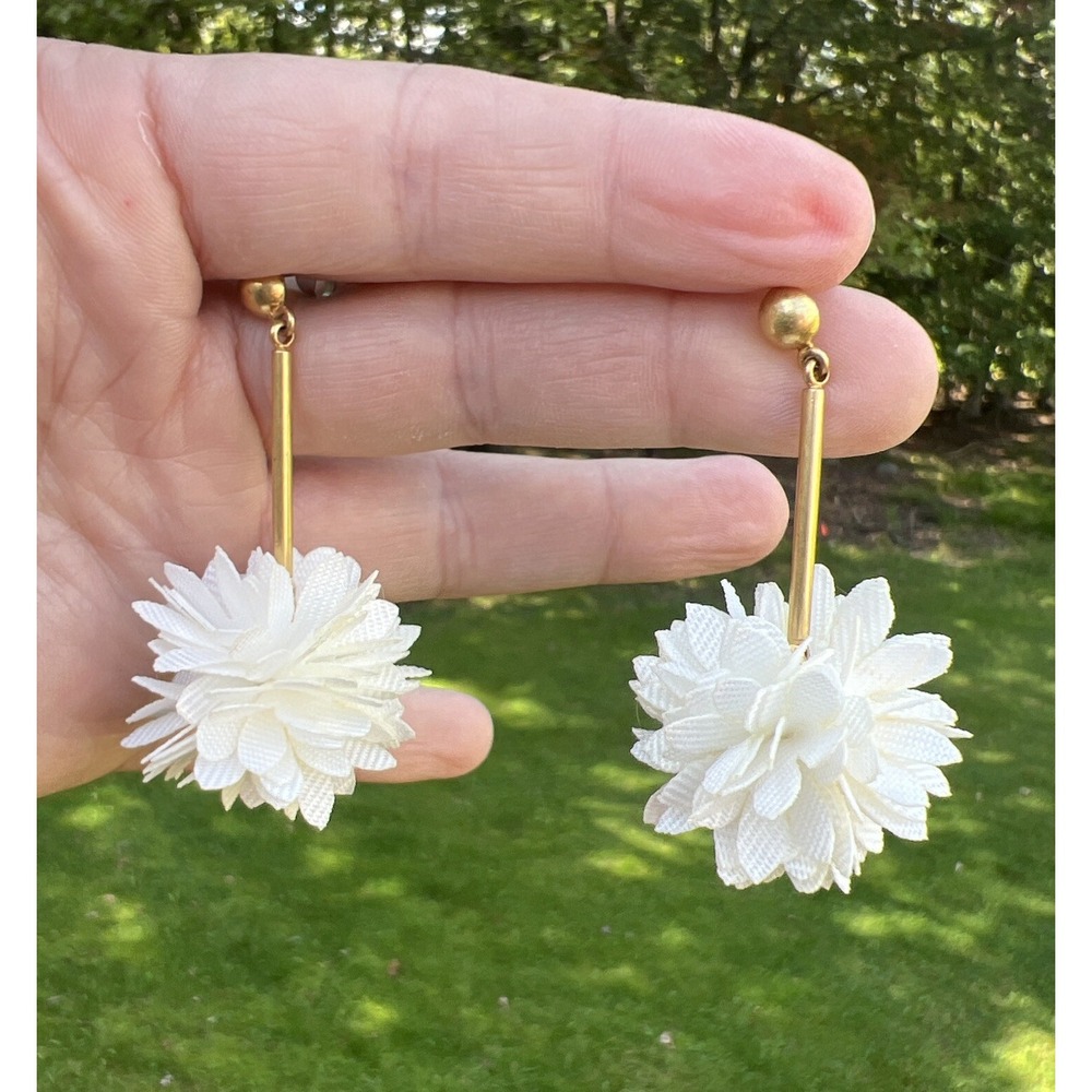 Designer Off White Fabric‎ Flower Drop Gold Tone Earrings